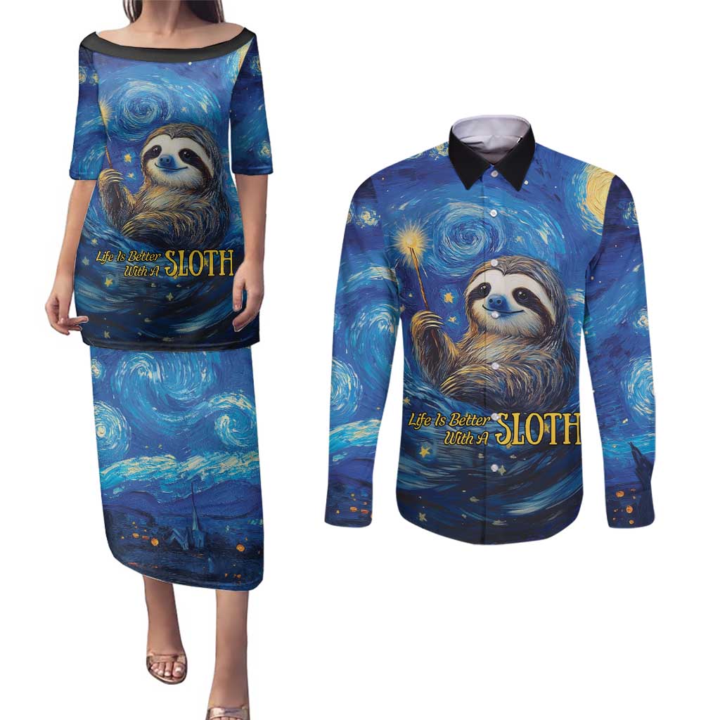 Sloth Life Is The Best Life Couples Matching Puletasi and Long Sleeve Button Shirt with Starry Night Sky LT9 - Wonder Print Shop