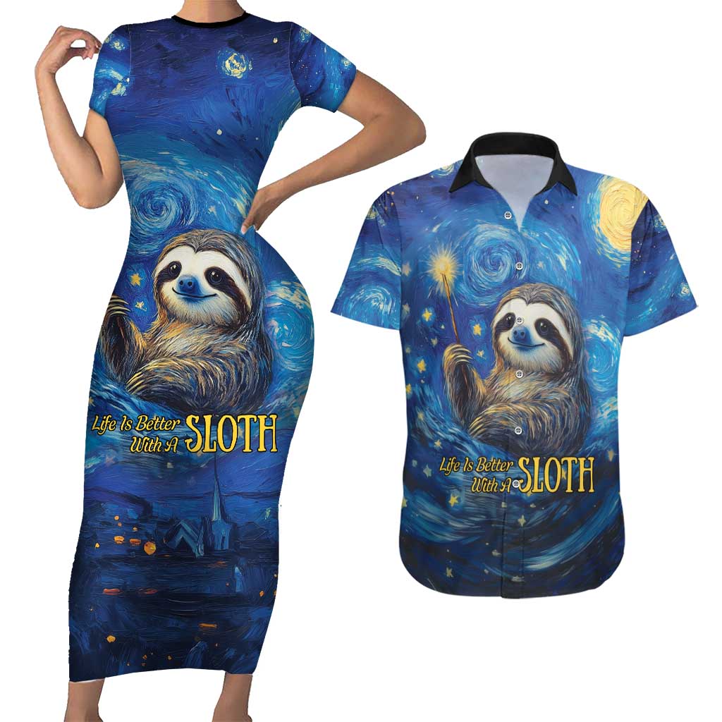 Sloth Life Is The Best Life Couples Matching Short Sleeve Bodycon Dress and Hawaiian Shirt with Starry Night Sky LT9 - Wonder Print Shop