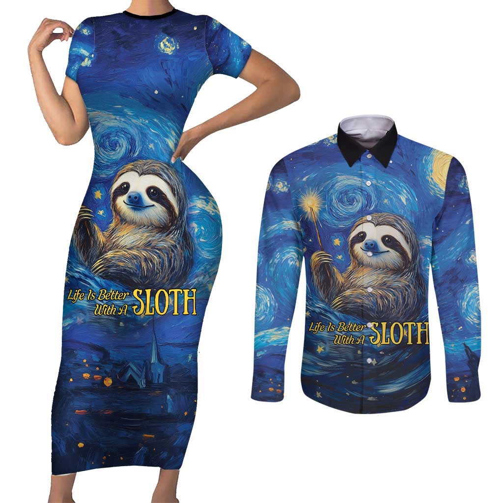 Sloth Life Is The Best Life Couples Matching Short Sleeve Bodycon Dress and Long Sleeve Button Shirt with Starry Night Sky LT9 - Wonder Print Shop