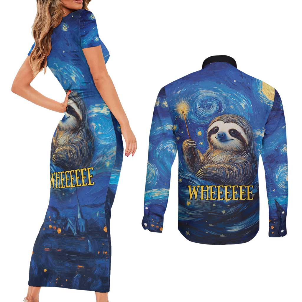 Sloth Life Is The Best Life Couples Matching Short Sleeve Bodycon Dress and Long Sleeve Button Shirt with Starry Night Sky LT9 - Wonder Print Shop