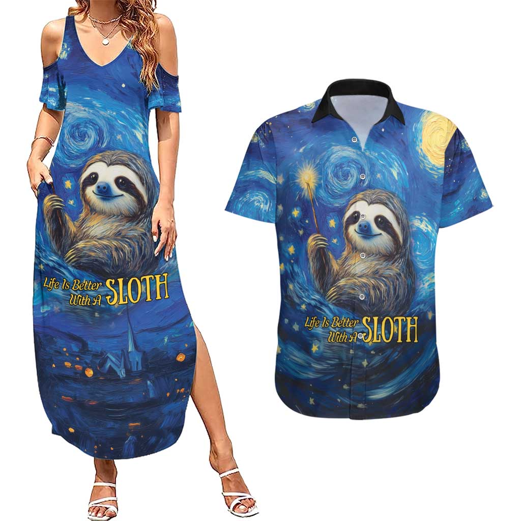 Sloth Life Is The Best Life Couples Matching Summer Maxi Dress and Hawaiian Shirt with Starry Night Sky LT9 - Wonder Print Shop