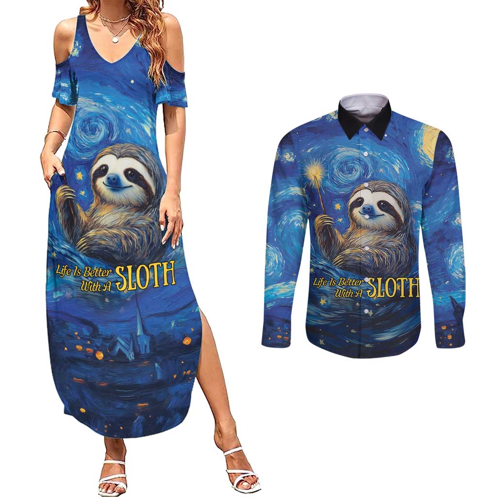 Sloth Life Is The Best Life Couples Matching Summer Maxi Dress and Long Sleeve Button Shirt with Starry Night Sky LT9 - Wonder Print Shop