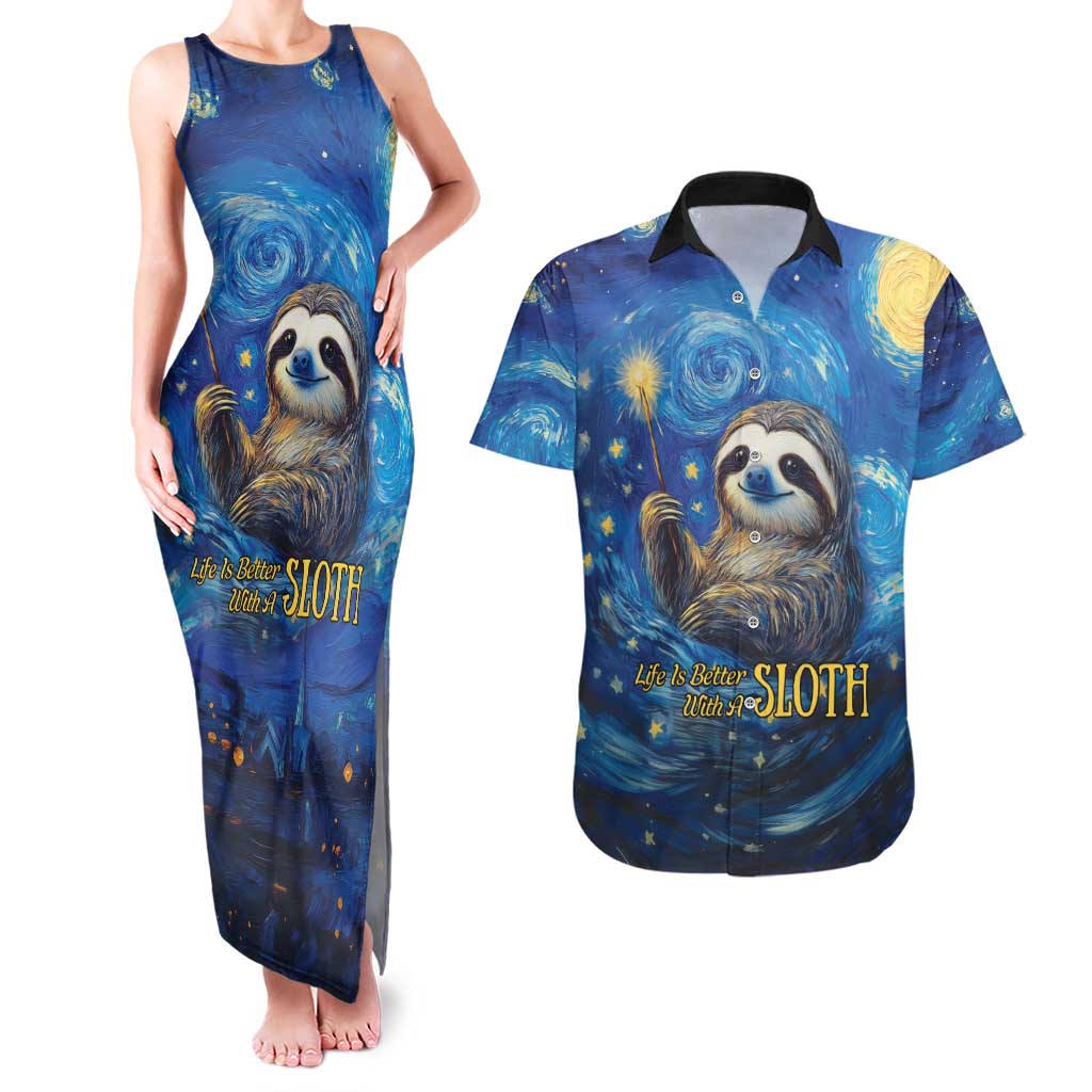 Sloth Life Is The Best Life Couples Matching Tank Maxi Dress and Hawaiian Shirt with Starry Night Sky LT9 - Wonder Print Shop