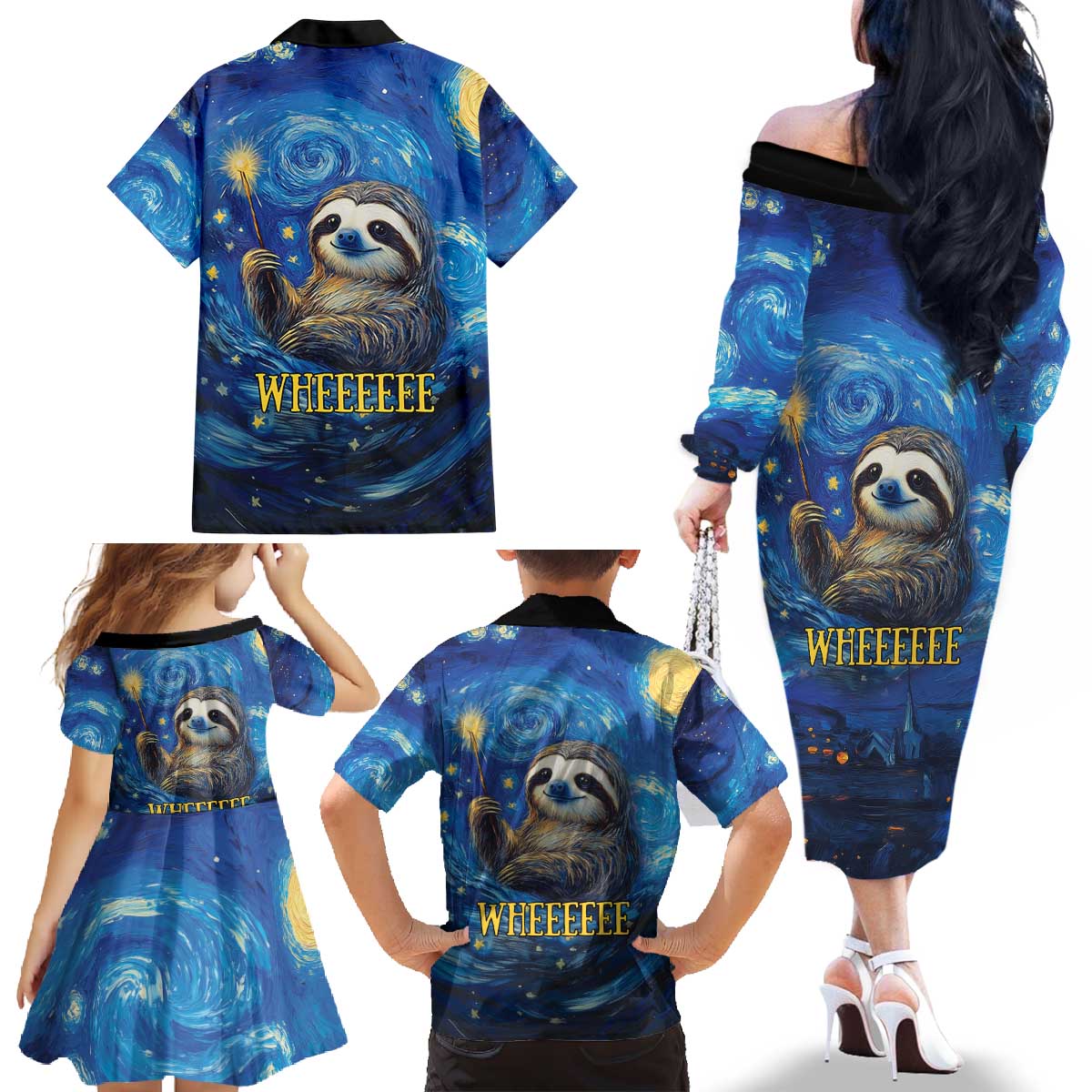 Sloth Life Is The Best Life Family Matching Off The Shoulder Long Sleeve Dress and Hawaiian Shirt with Starry Night Sky - Wonder Print Shop