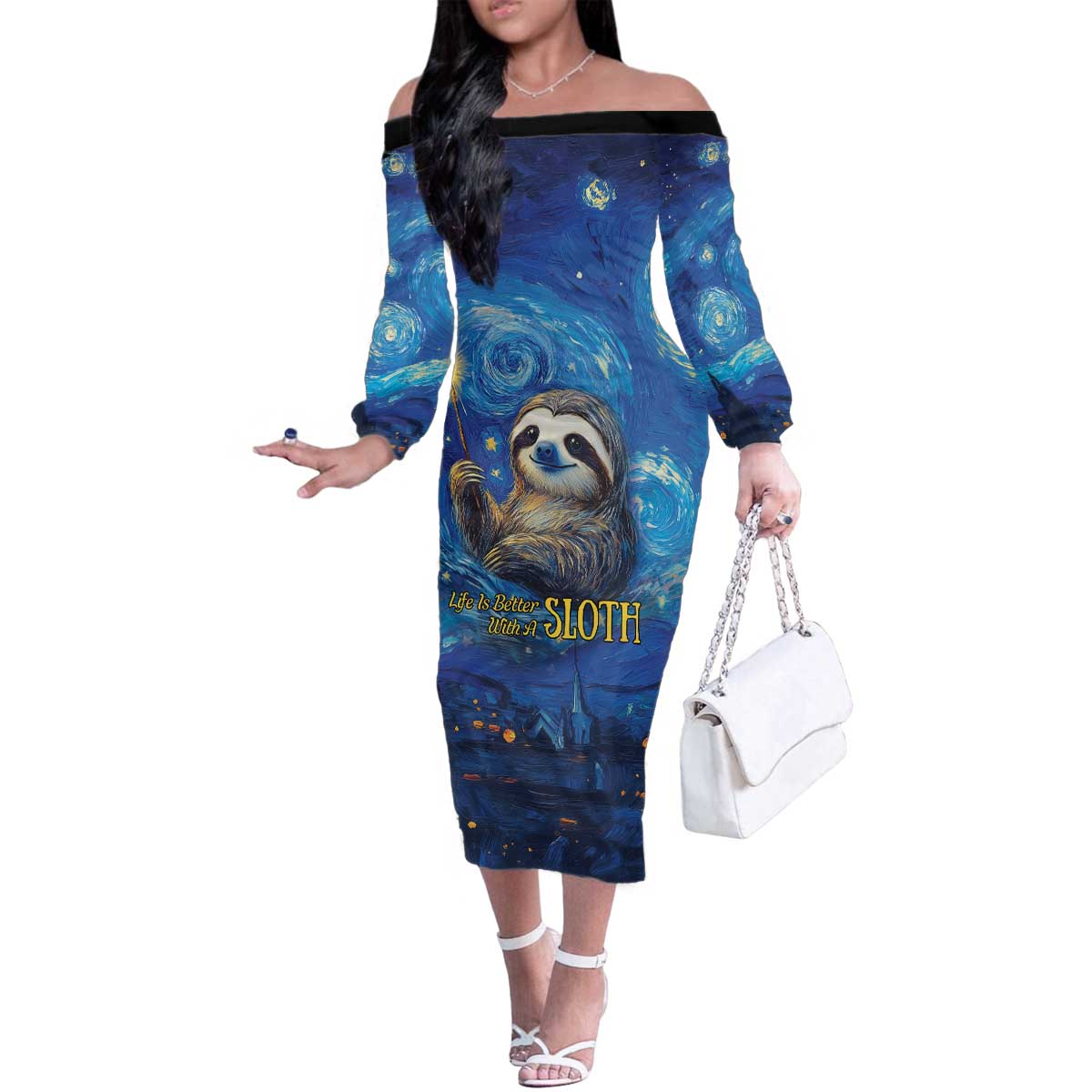 Sloth Life Is The Best Life Family Matching Off The Shoulder Long Sleeve Dress and Hawaiian Shirt with Starry Night Sky - Wonder Print Shop