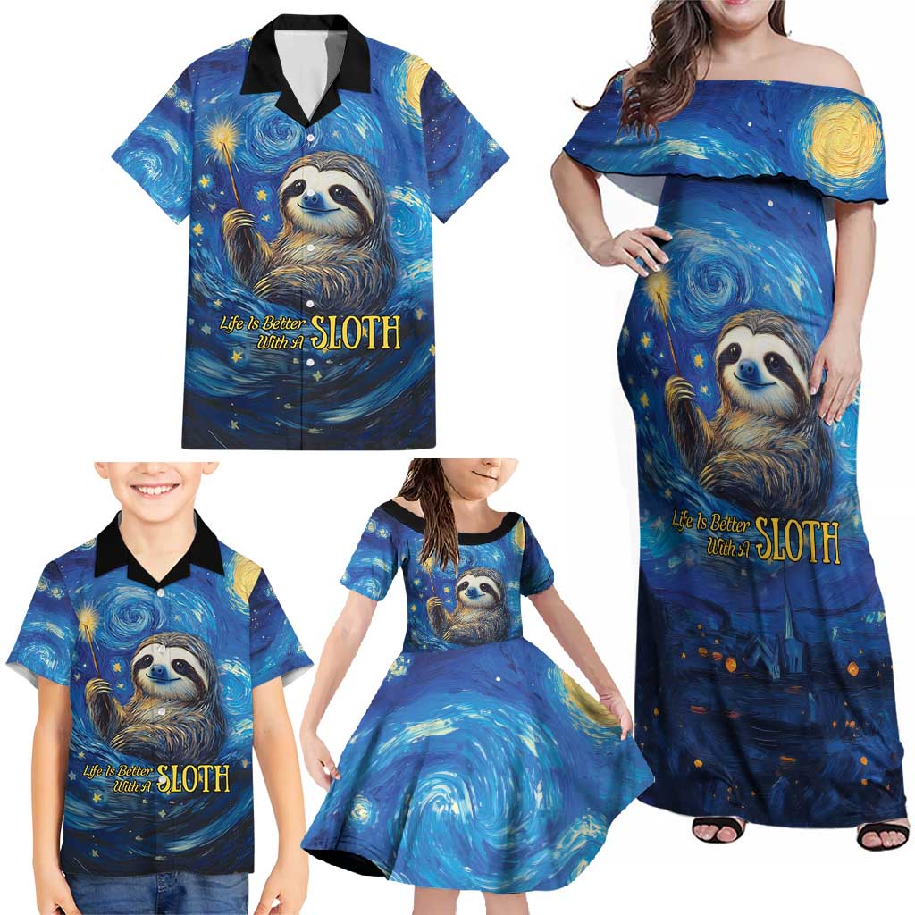 Sloth Life Is The Best Life Family Matching Off Shoulder Maxi Dress and Hawaiian Shirt with Starry Night Sky LT9 - Wonder Print Shop