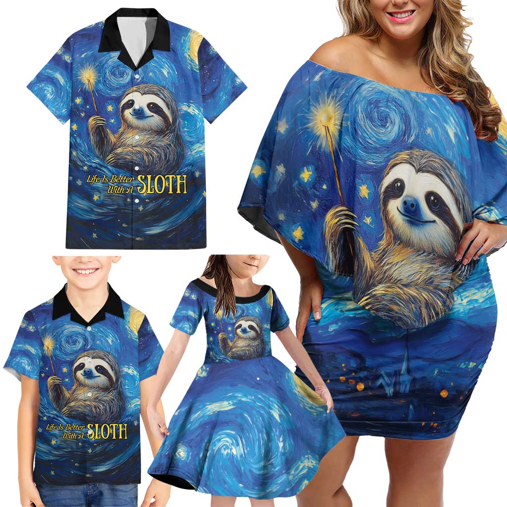 Sloth Life Is The Best Life Family Matching Off Shoulder Short Dress and Hawaiian Shirt with Starry Night Sky LT9 - Wonder Print Shop