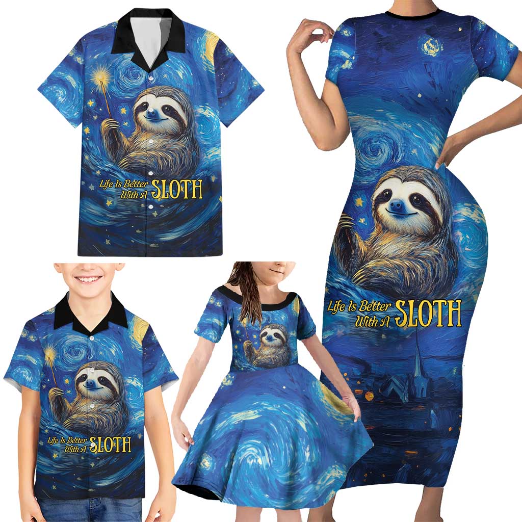 Sloth Life Is The Best Life Family Matching Short Sleeve Bodycon Dress and Hawaiian Shirt with Starry Night Sky - Wonder Print Shop