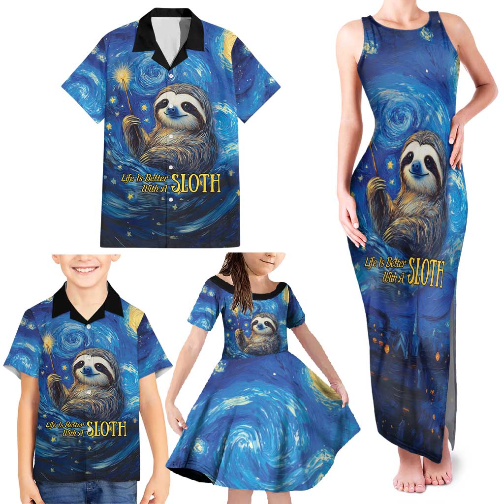 Sloth Life Is The Best Life Family Matching Tank Maxi Dress and Hawaiian Shirt with Starry Night Sky - Wonder Print Shop