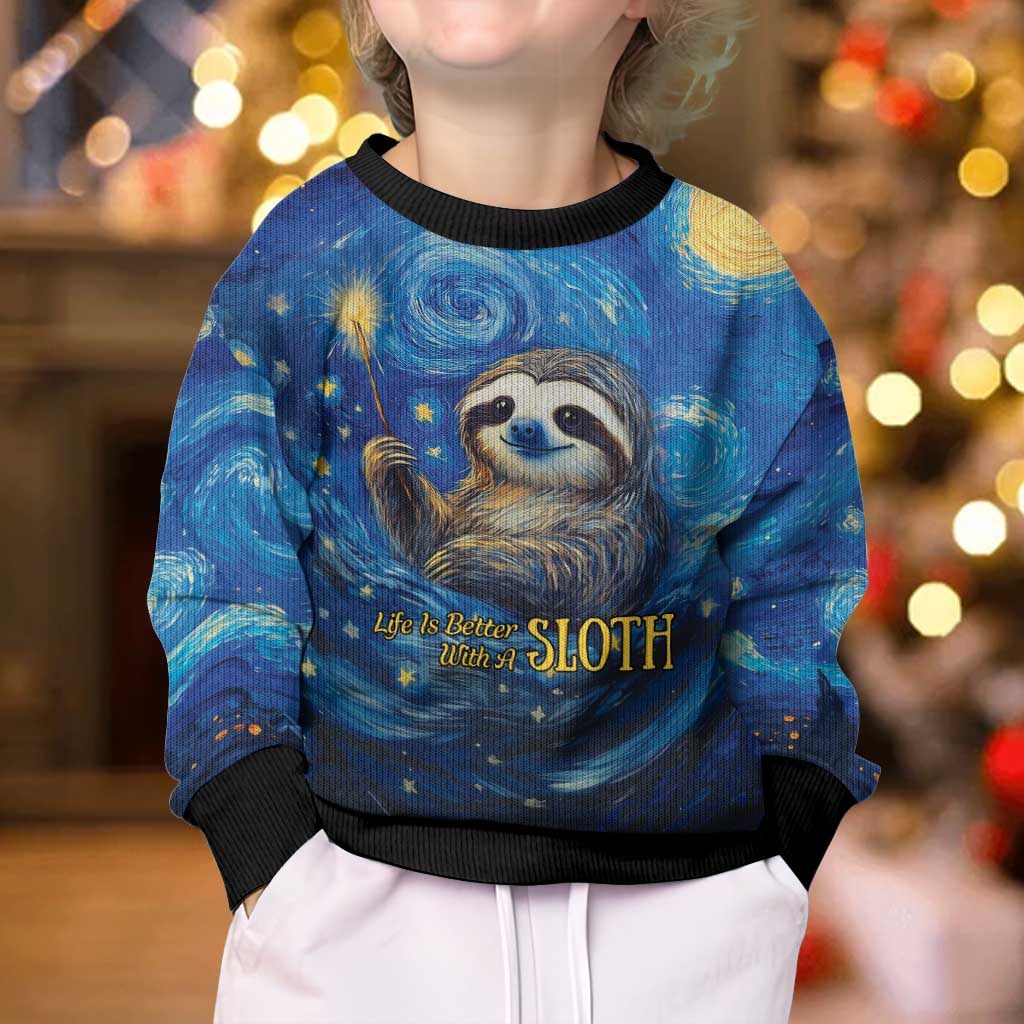 Sloth Life Is The Best Life Kid Ugly Christmas Sweater with Starry Night Sky - Wonder Print Shop