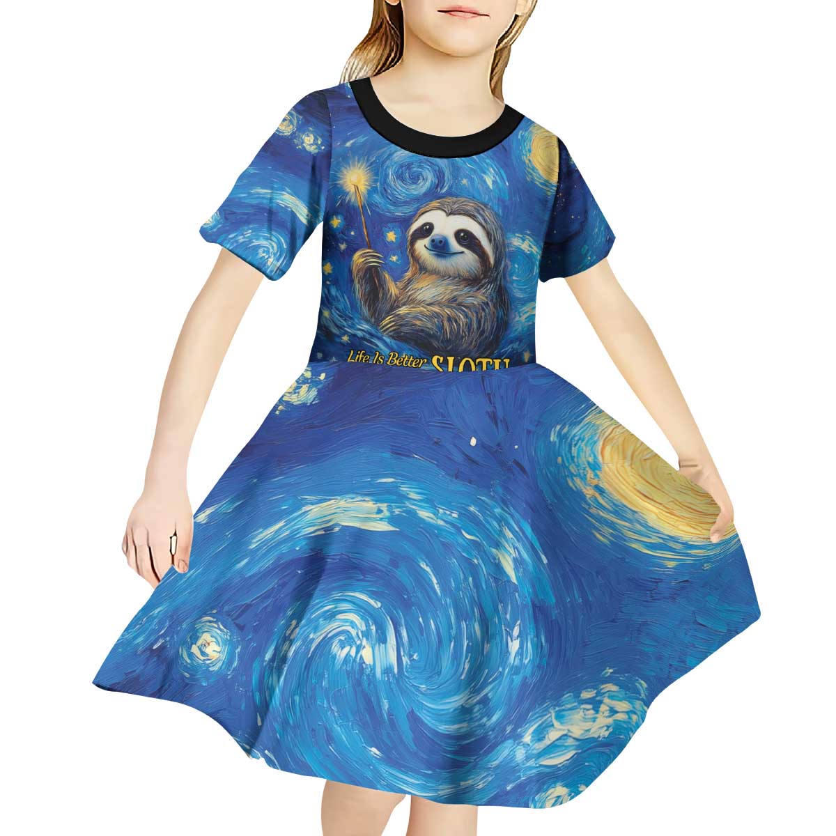 Sloth Life Is The Best Life Kid Short Sleeve Dress with Starry Night Sky - Wonder Print Shop