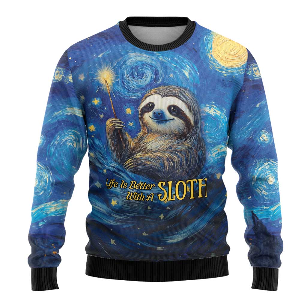Sloth Life Is The Best Life Ugly Christmas Sweater with Starry Night Sky - Wonder Print Shop