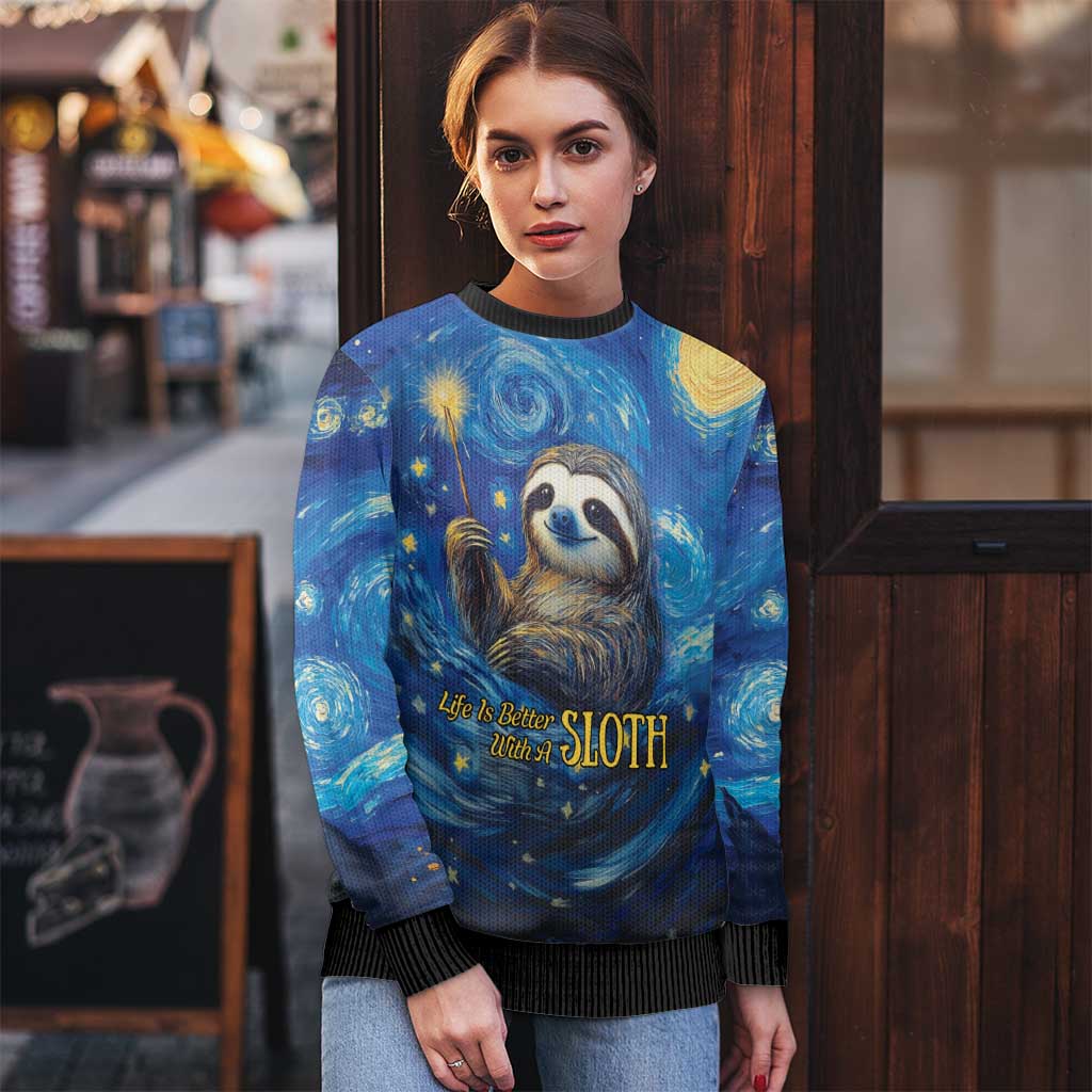 Sloth Life Is The Best Life Ugly Christmas Sweater with Starry Night Sky - Wonder Print Shop