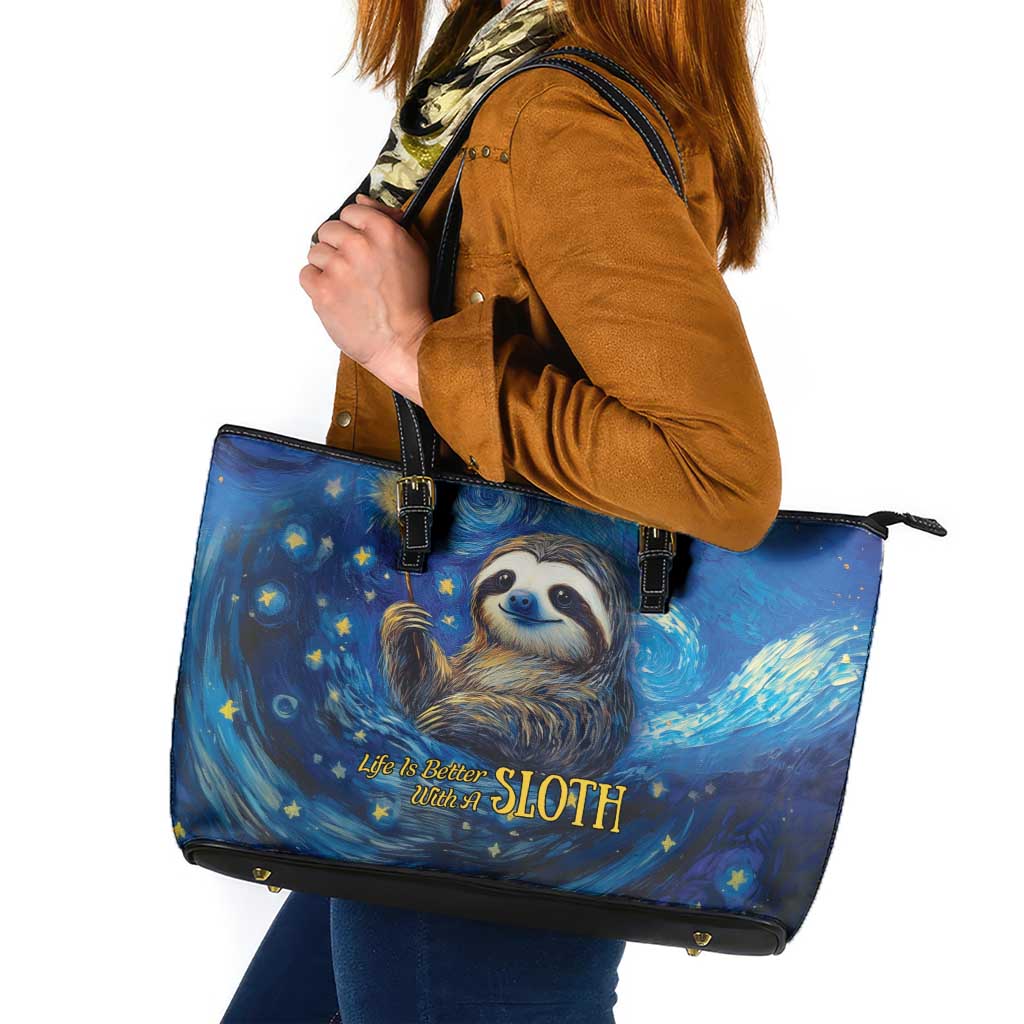 Sloth Life Is The Best Life Leather Tote Bag with Starry Night Sky - Wonder Print Shop