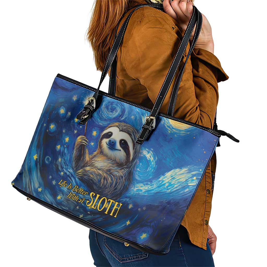 Sloth Life Is The Best Life Leather Tote Bag with Starry Night Sky - Wonder Print Shop
