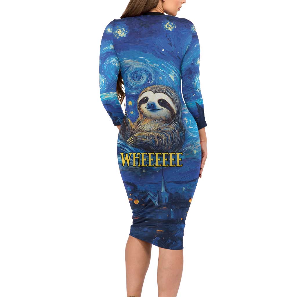 Sloth Life Is The Best Life Long Sleeve Bodycon Dress with Starry Night Sky - Wonder Print Shop