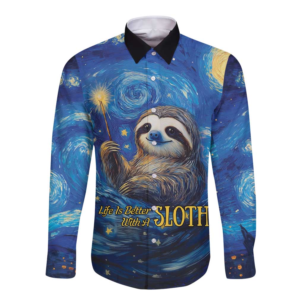 Sloth Life Is The Best Life Long Sleeve Button Shirt with Starry Night Sky - Wonder Print Shop