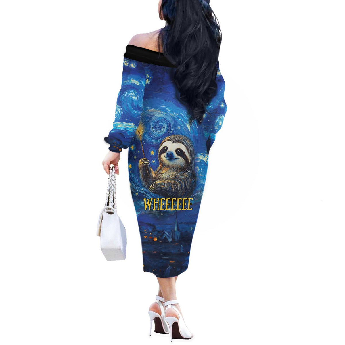 Sloth Life Is The Best Life Off The Shoulder Long Sleeve Dress with Starry Night Sky - Wonder Print Shop