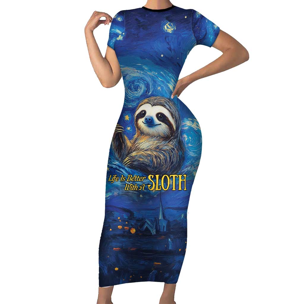 Sloth Life Is The Best Life Short Sleeve Bodycon Dress with Starry Night Sky - Wonder Print Shop
