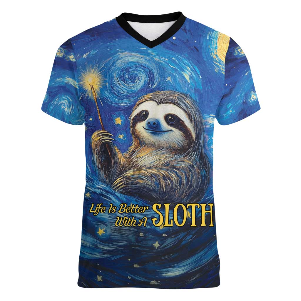Sloth Life Is The Best Life Women V-Neck T-Shirt with Starry Night Sky - Wonder Print Shop