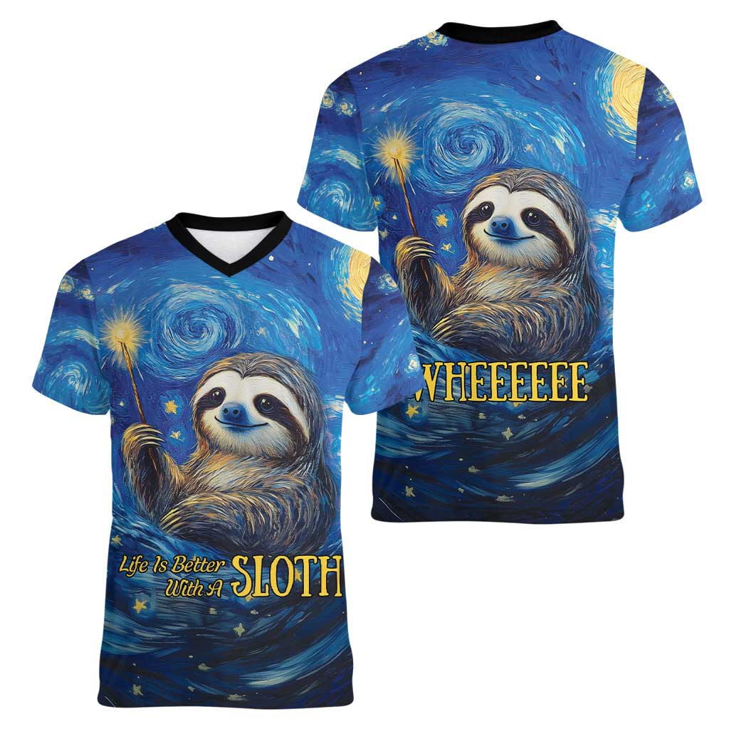 Sloth Life Is The Best Life Women V-Neck T-Shirt with Starry Night Sky - Wonder Print Shop