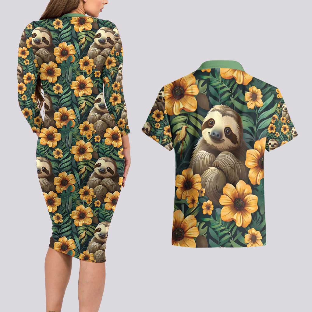 Sloth with Flowers Seamless Style Couples Matching Long Sleeve Bodycon Dress and Hawaiian Shirt LT9 - Wonder Print Shop