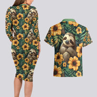 Sloth with Flowers Seamless Style Couples Matching Long Sleeve Bodycon Dress and Hawaiian Shirt LT9 - Wonder Print Shop