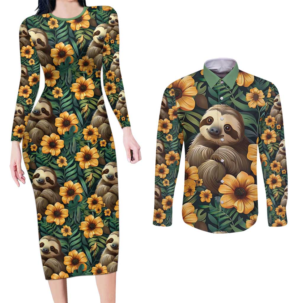 Sloth with Flowers Seamless Style Couples Matching Long Sleeve Bodycon Dress and Long Sleeve Button Shirt LT9 - Wonder Print Shop