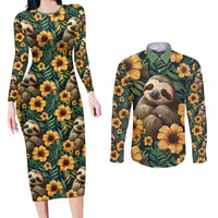 Sloth with Flowers Seamless Style Couples Matching Long Sleeve Bodycon Dress and Long Sleeve Button Shirt LT9 - Wonder Print Shop