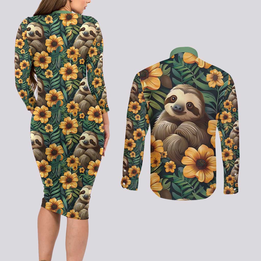 Sloth with Flowers Seamless Style Couples Matching Long Sleeve Bodycon Dress and Long Sleeve Button Shirt LT9 - Wonder Print Shop