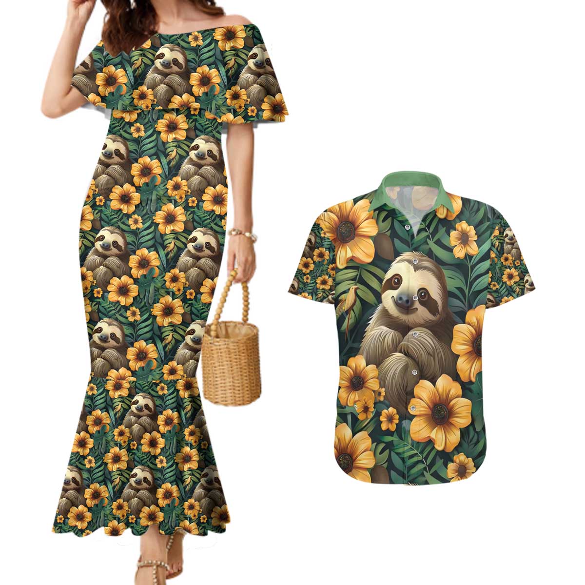 Sloth with Flowers Seamless Style Couples Matching Mermaid Dress and Hawaiian Shirt LT9 - Wonder Print Shop