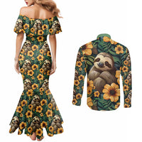 Sloth with Flowers Seamless Style Couples Matching Mermaid Dress and Long Sleeve Button Shirt
