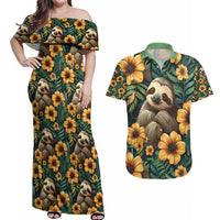 Sloth with Flowers Seamless Style Couples Matching Off Shoulder Maxi Dress and Hawaiian Shirt LT9 - Wonder Print Shop