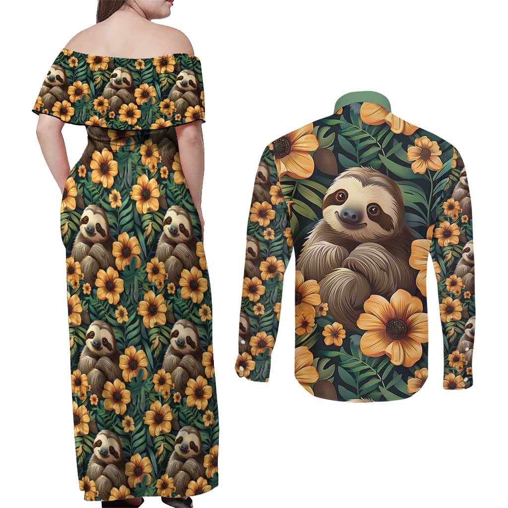 Sloth with Flowers Seamless Style Couples Matching Off Shoulder Maxi Dress and Long Sleeve Button Shirt LT9 - Wonder Print Shop