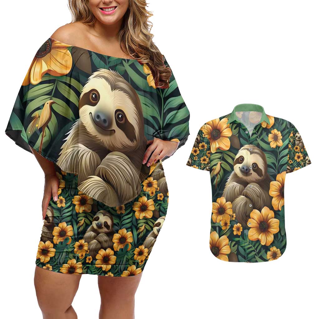 Sloth with Flowers Seamless Style Couples Matching Off Shoulder Short Dress and Hawaiian Shirt LT9 - Wonder Print Shop