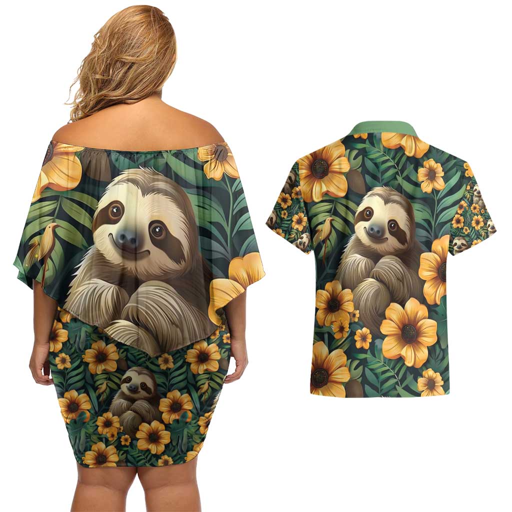 Sloth with Flowers Seamless Style Couples Matching Off Shoulder Short Dress and Hawaiian Shirt LT9 - Wonder Print Shop