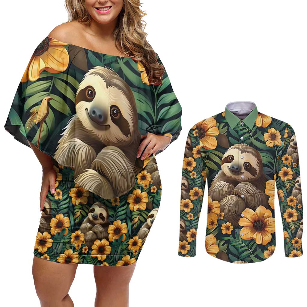 Sloth with Flowers Seamless Style Couples Matching Off Shoulder Short Dress and Long Sleeve Button Shirt LT9 - Wonder Print Shop