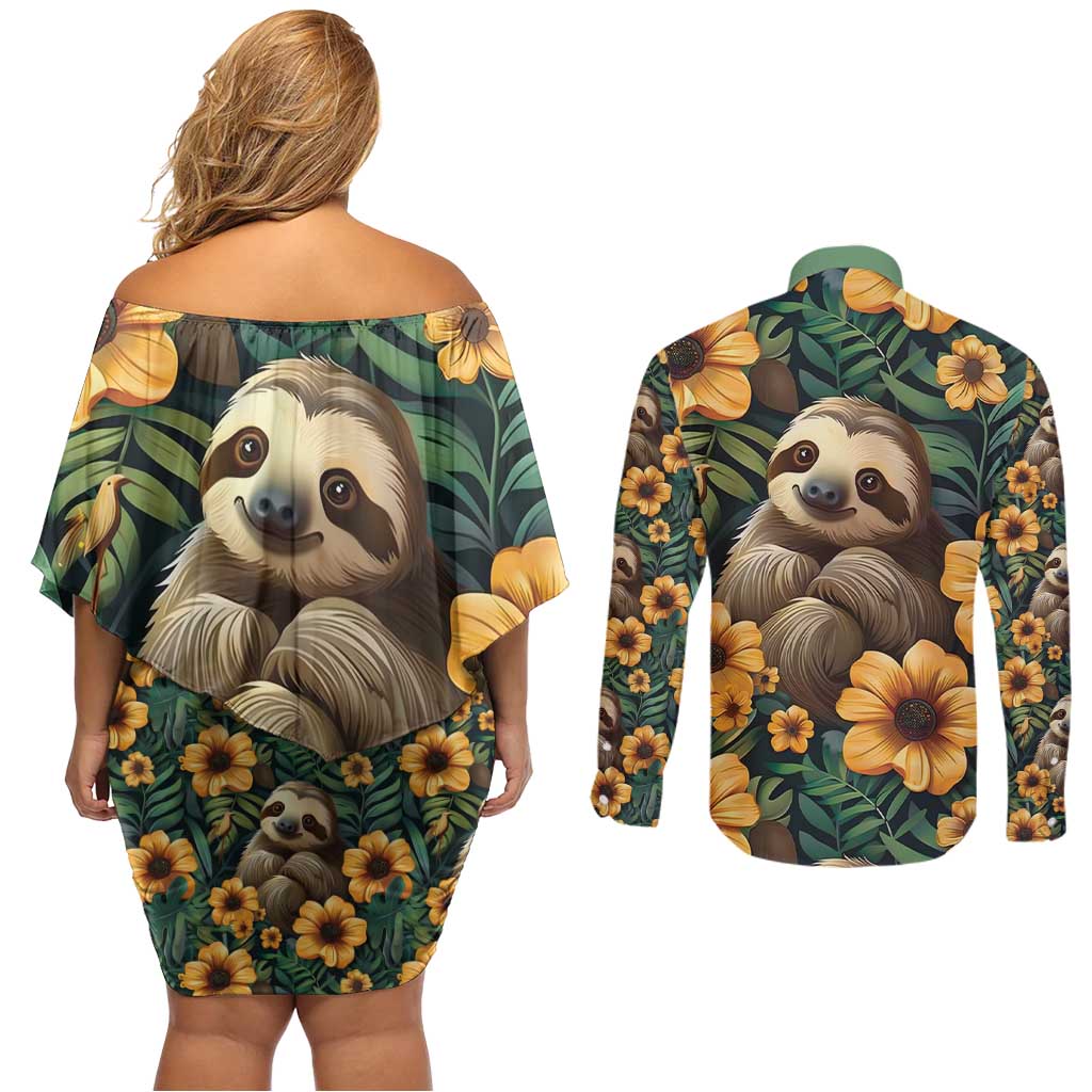 Sloth with Flowers Seamless Style Couples Matching Off Shoulder Short Dress and Long Sleeve Button Shirt LT9 - Wonder Print Shop