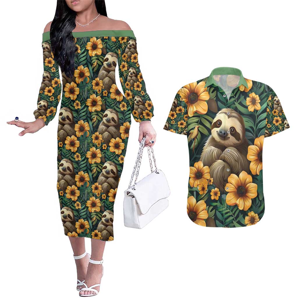 Sloth with Flowers Seamless Style Couples Matching Off The Shoulder Long Sleeve Dress and Hawaiian Shirt LT9 - Wonder Print Shop