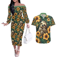Sloth with Flowers Seamless Style Couples Matching Off The Shoulder Long Sleeve Dress and Hawaiian Shirt LT9 - Wonder Print Shop