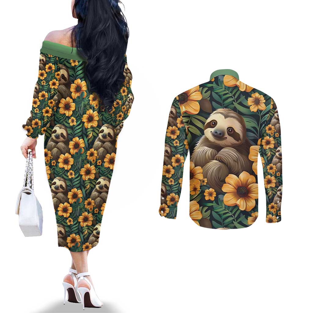 Sloth with Flowers Seamless Style Couples Matching Off The Shoulder Long Sleeve Dress and Long Sleeve Button Shirt