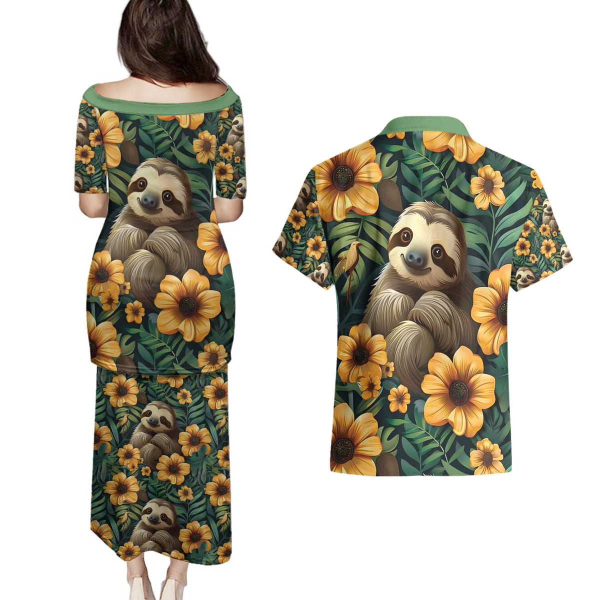 Sloth with Flowers Seamless Style Couples Matching Puletasi and Hawaiian Shirt LT9 - Wonder Print Shop