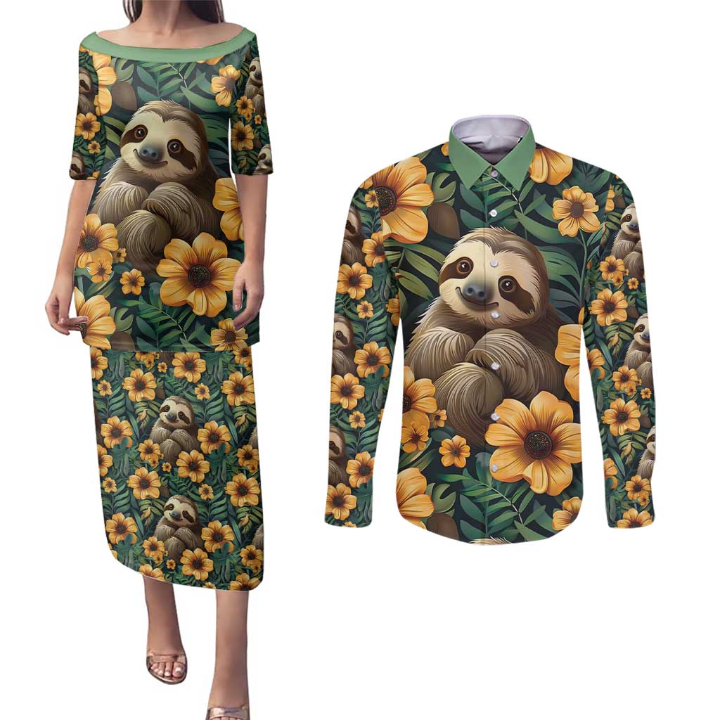 Sloth with Flowers Seamless Style Couples Matching Puletasi and Long Sleeve Button Shirt LT9 - Wonder Print Shop