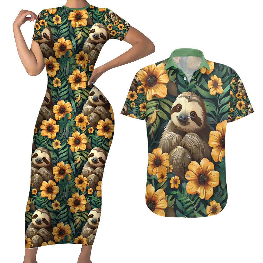 Sloth with Flowers Seamless Style Couples Matching Short Sleeve Bodycon Dress and Hawaiian Shirt LT9 - Wonder Print Shop