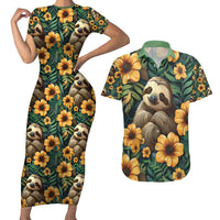 Sloth with Flowers Seamless Style Couples Matching Short Sleeve Bodycon Dress and Hawaiian Shirt LT9 - Wonder Print Shop
