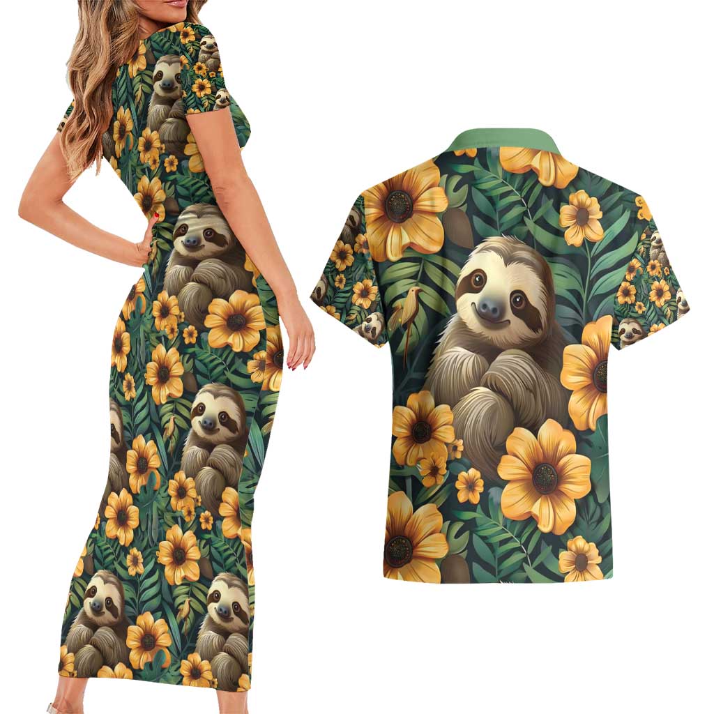 Sloth with Flowers Seamless Style Couples Matching Short Sleeve Bodycon Dress and Hawaiian Shirt LT9 - Wonder Print Shop