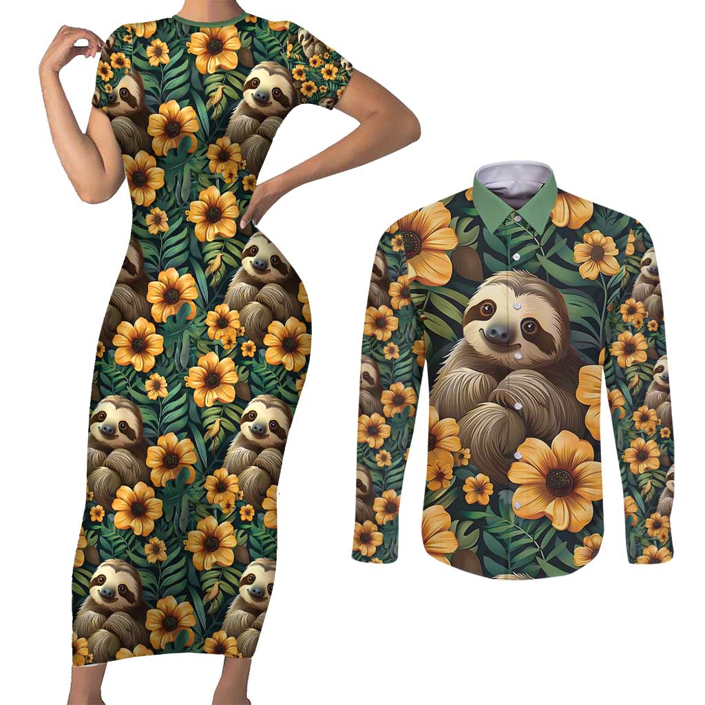 Sloth with Flowers Seamless Style Couples Matching Short Sleeve Bodycon Dress and Long Sleeve Button Shirt LT9 - Wonder Print Shop