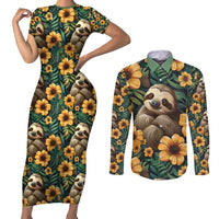 Sloth with Flowers Seamless Style Couples Matching Short Sleeve Bodycon Dress and Long Sleeve Button Shirt LT9 - Wonder Print Shop
