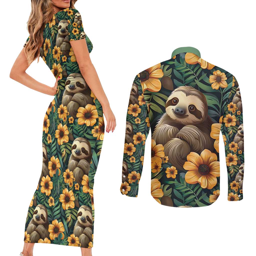 Sloth with Flowers Seamless Style Couples Matching Short Sleeve Bodycon Dress and Long Sleeve Button Shirt LT9 - Wonder Print Shop