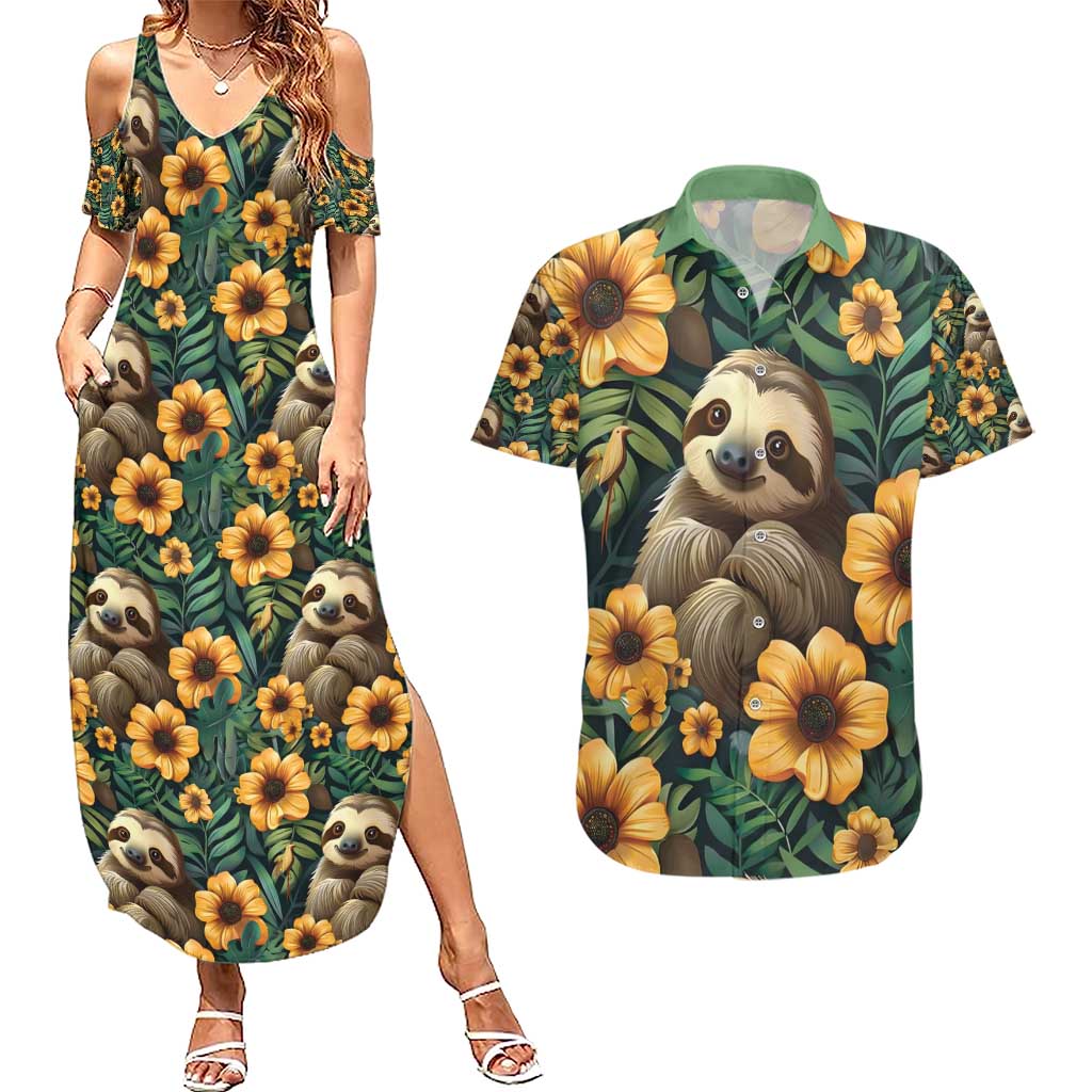 Sloth with Flowers Seamless Style Couples Matching Summer Maxi Dress and Hawaiian Shirt LT9 - Wonder Print Shop